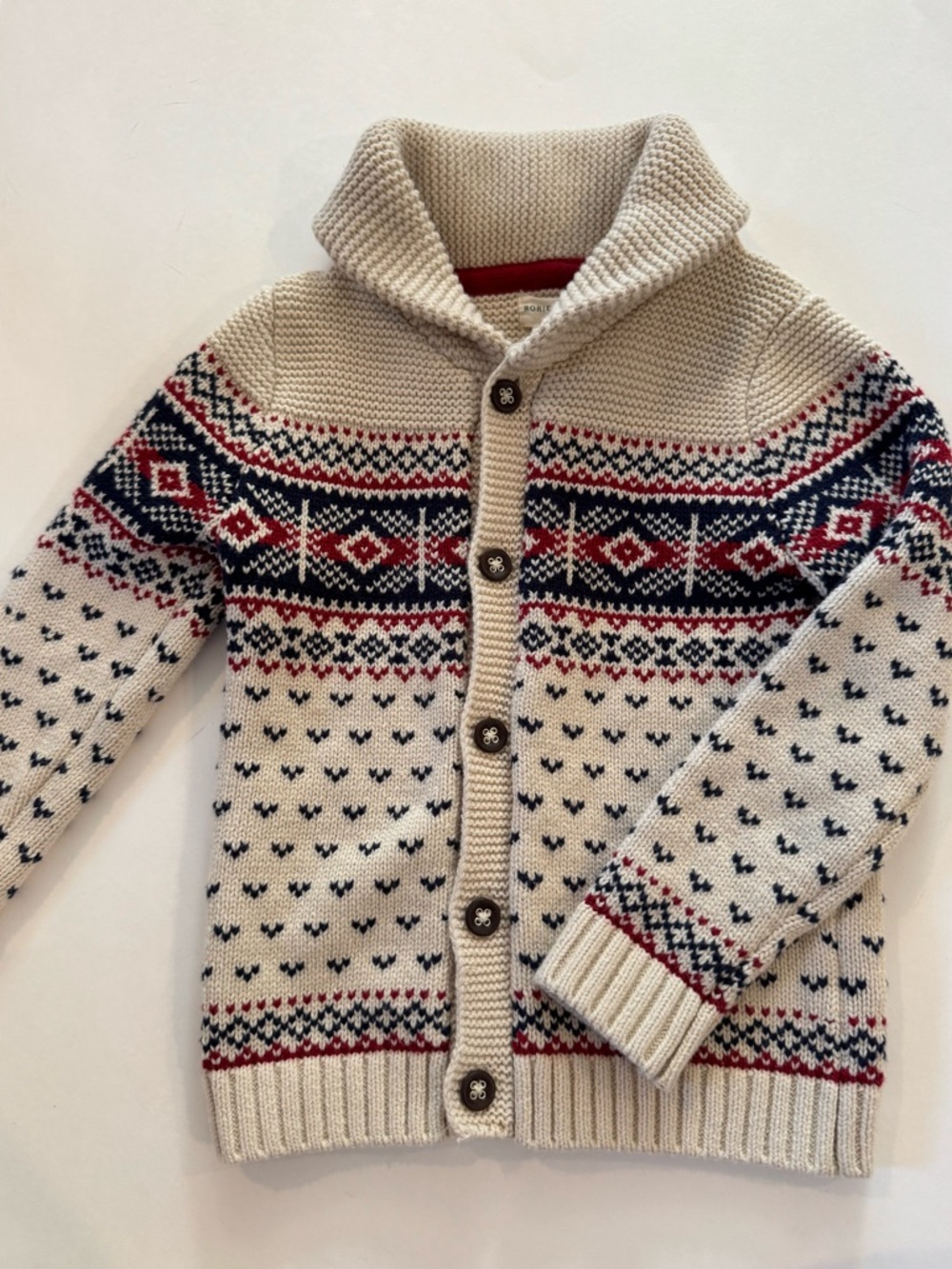 Rorie Whelan Fair Isle Kids Shawl Collar Button Cardigan - Cream, Navy & Red, 3T